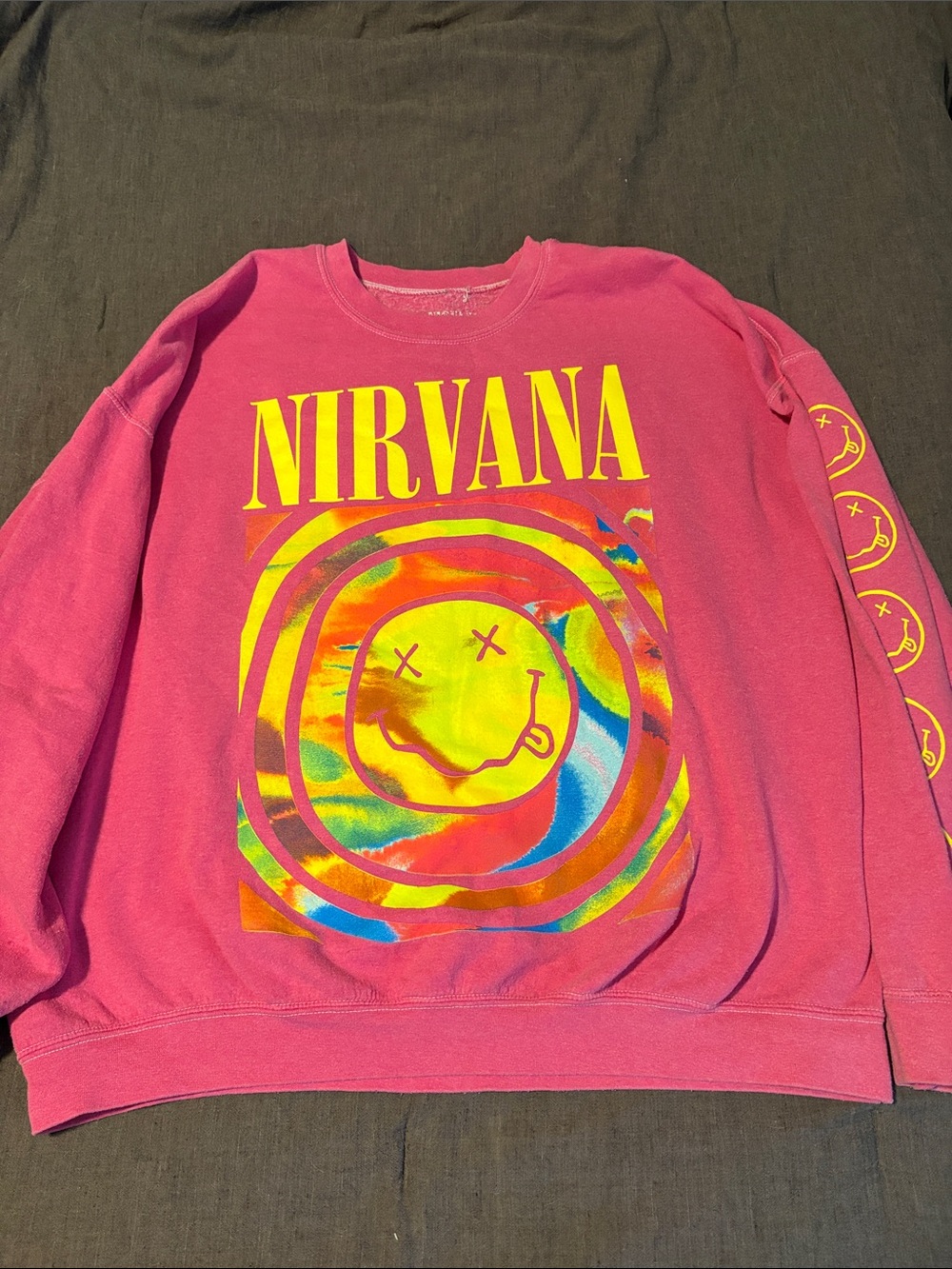 NIRVANA Hot Pink Smiley Graphic Crewneck